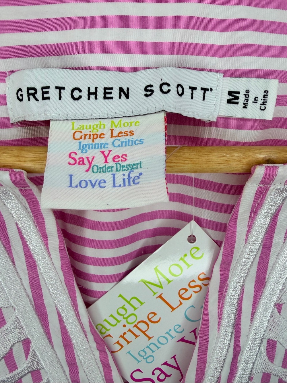 NWT Gretchen Scott The Reef Embroidered Pinstripe Dress Medium Pink White Pocket - Picture 3 of 10